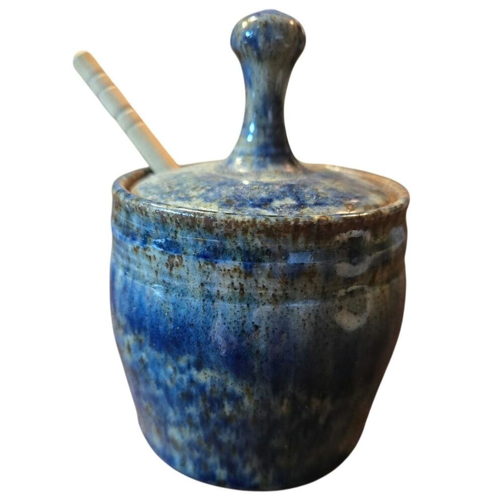 Blue Glaze Signed Pam Snyder Studio Art Pottery Honey Pot with Lid & Wood Wand